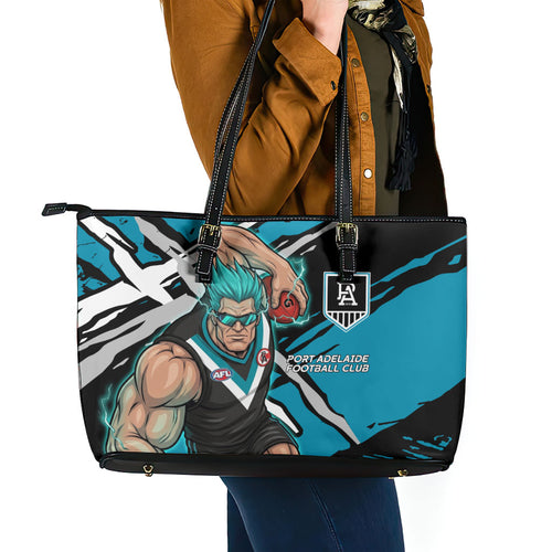 Port Adelaide Football Club Leather Tote Bag Power Muscular Mascot Graphic - Abstract Paint Splatter Art