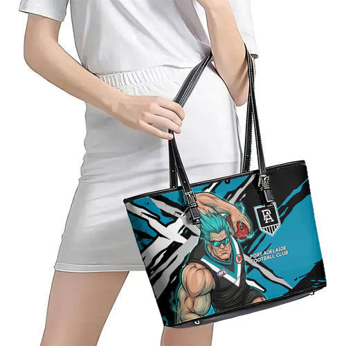Port Adelaide Football Club Leather Tote Bag Power Muscular Mascot Graphic - Abstract Paint Splatter Art