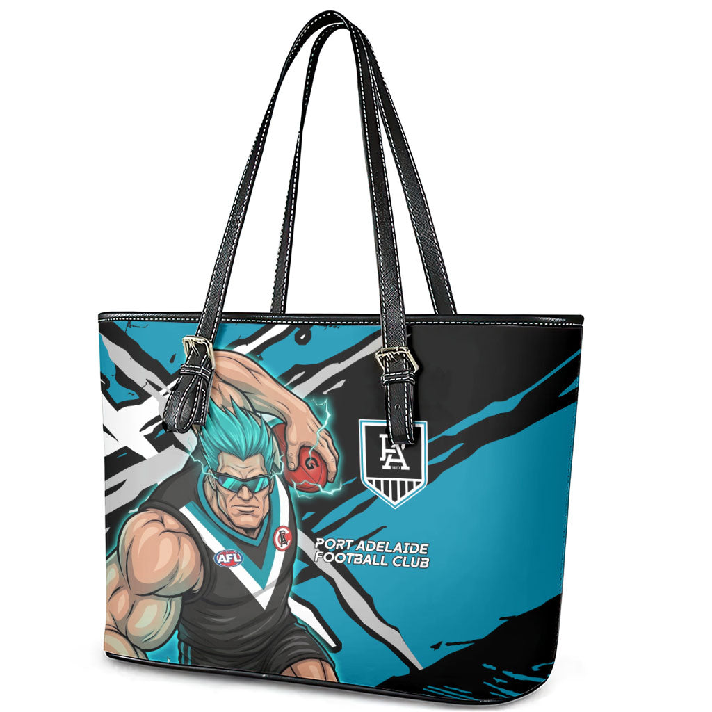 Port Adelaide Football Club Leather Tote Bag Power Muscular Mascot Graphic - Abstract Paint Splatter Art