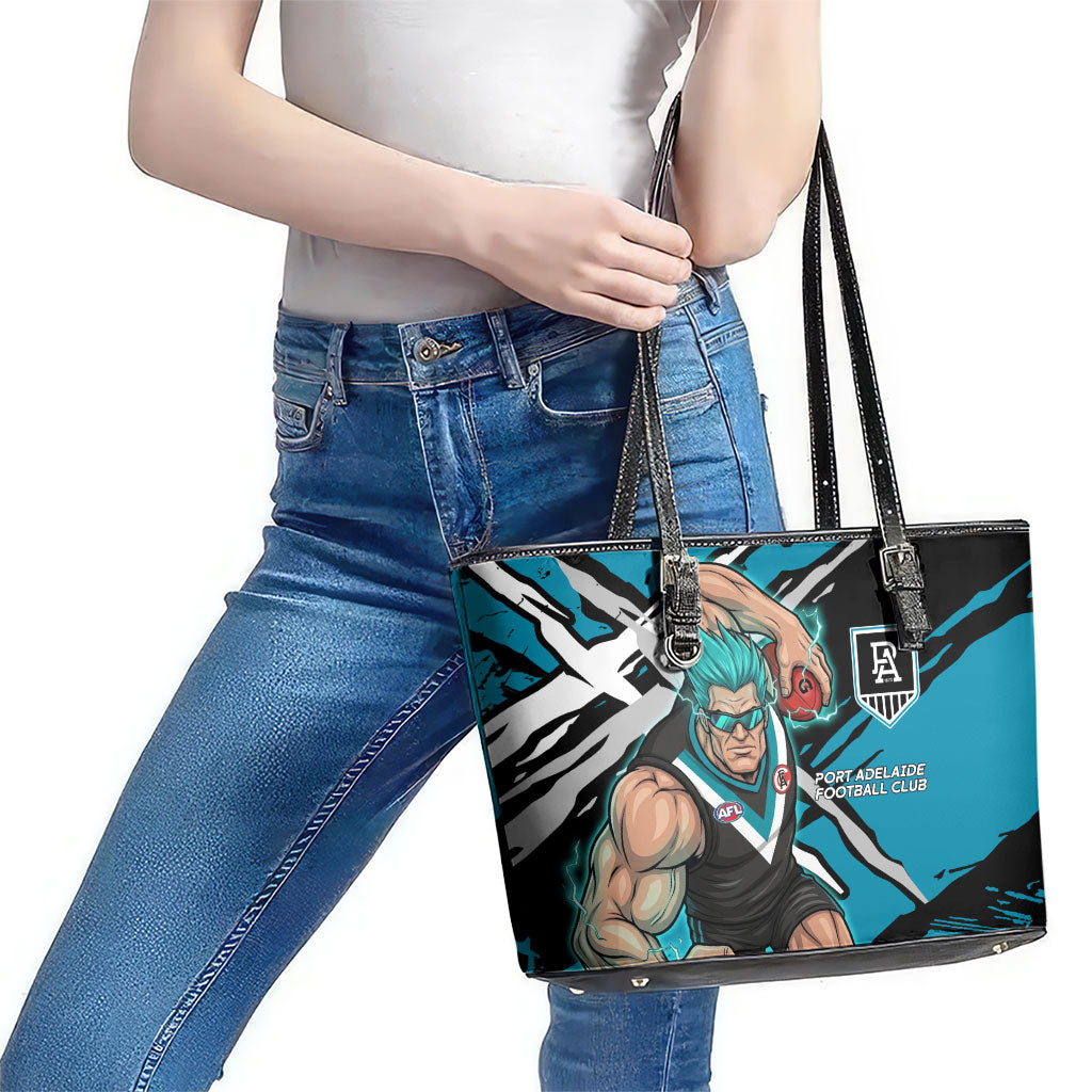 Port Adelaide Football Club Leather Tote Bag Power Muscular Mascot Graphic - Abstract Paint Splatter Art