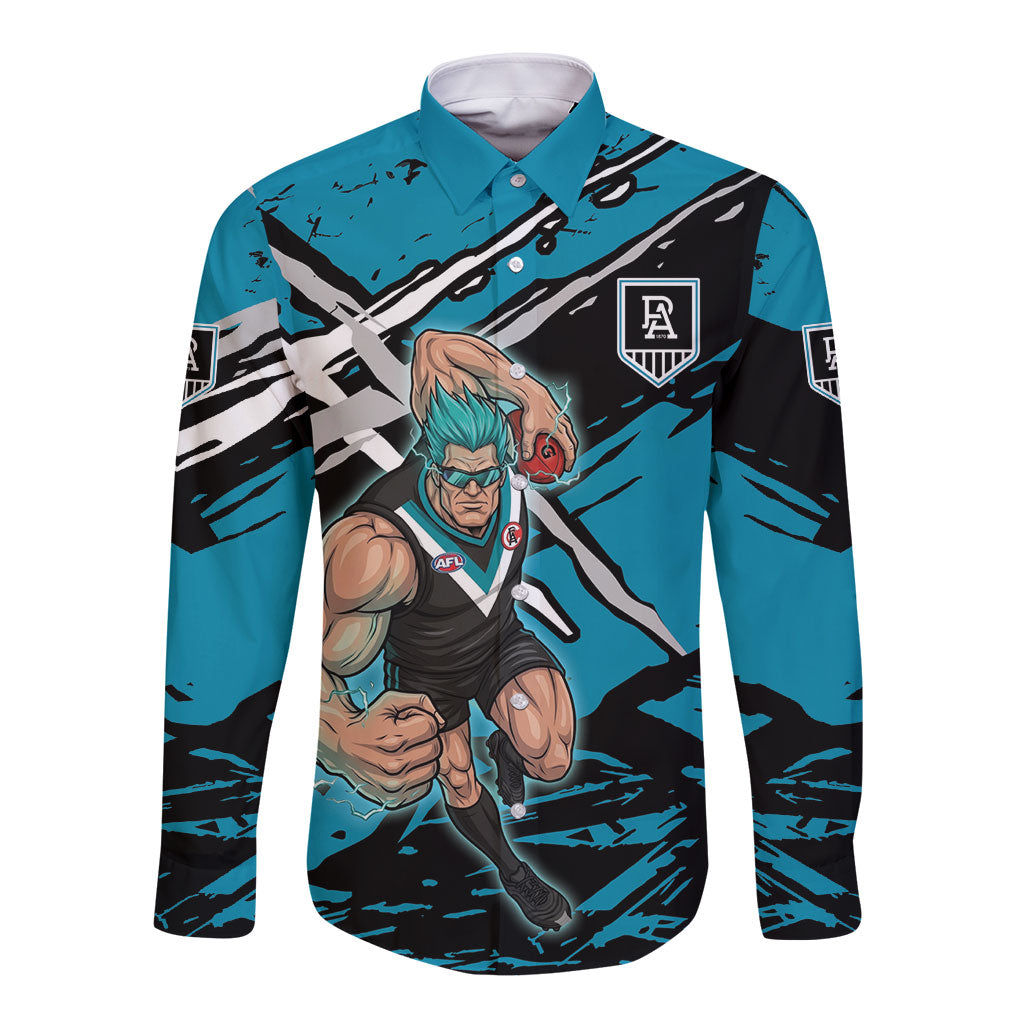 Port Adelaide Football Club Long Sleeve Button Shirt Power Muscular Mascot Graphic - Abstract Paint Splatter Art