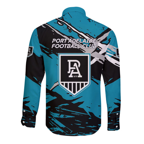 Port Adelaide Football Club Long Sleeve Button Shirt Power Muscular Mascot Graphic - Abstract Paint Splatter Art