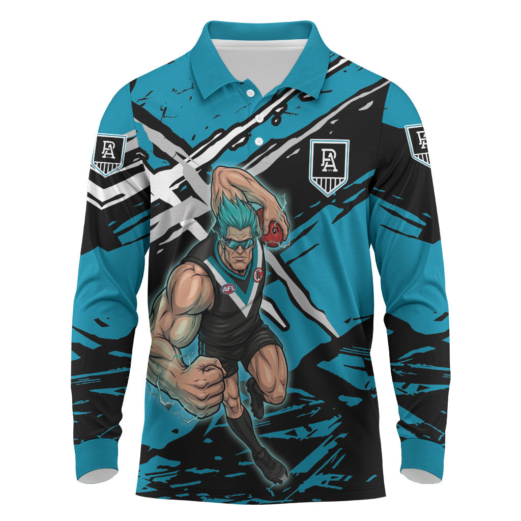 Port Adelaide Football Club Long Sleeve Polo Shirt Power Muscular Mascot Graphic - Abstract Paint Splatter Art