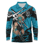 Port Adelaide Football Club Long Sleeve Polo Shirt Power Muscular Mascot Graphic - Abstract Paint Splatter Art