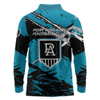 Port Adelaide Football Club Long Sleeve Polo Shirt Power Muscular Mascot Graphic - Abstract Paint Splatter Art