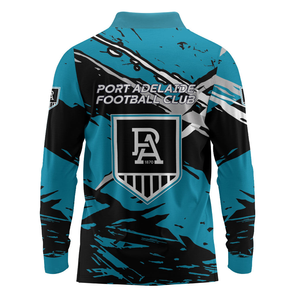 Port Adelaide Football Club Long Sleeve Polo Shirt Power Muscular Mascot Graphic - Abstract Paint Splatter Art