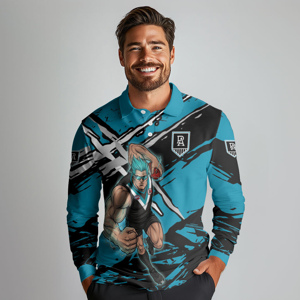 Port Adelaide Football Club Long Sleeve Polo Shirt Power Muscular Mascot Graphic - Abstract Paint Splatter Art