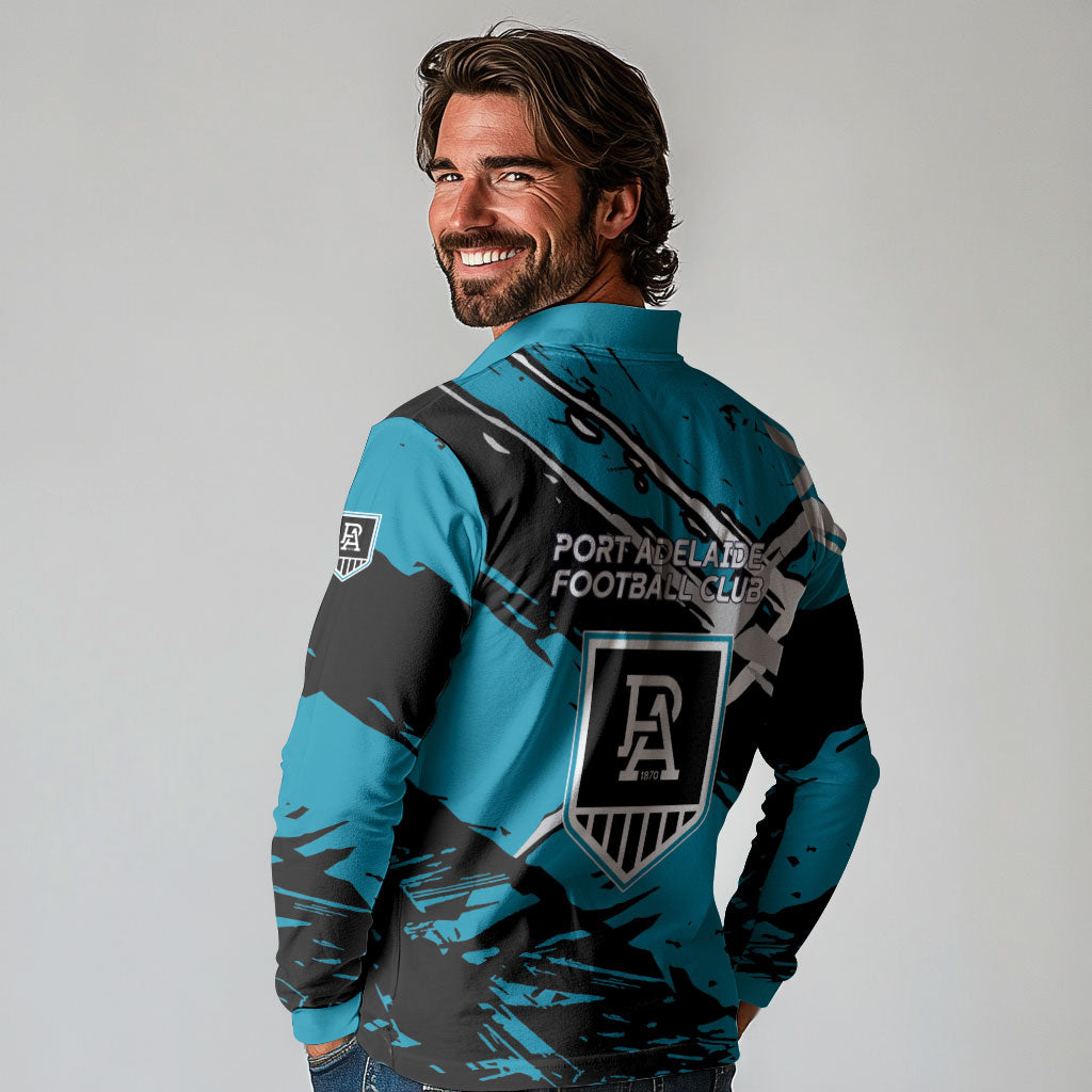 Port Adelaide Football Club Long Sleeve Polo Shirt Power Muscular Mascot Graphic - Abstract Paint Splatter Art
