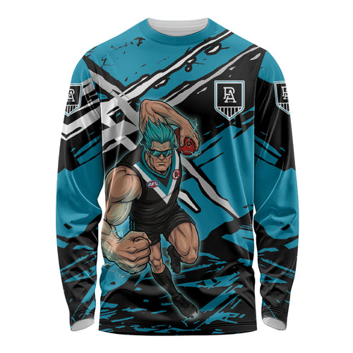 Port Adelaide Football Club Long Sleeve Shirt Power Muscular Mascot Graphic - Abstract Paint Splatter Art