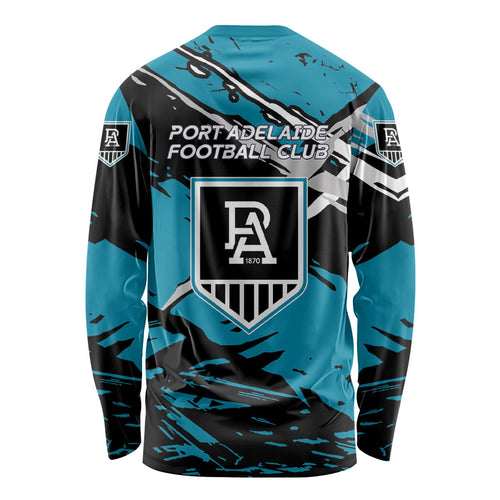 Port Adelaide Football Club Long Sleeve Shirt Power Muscular Mascot Graphic - Abstract Paint Splatter Art