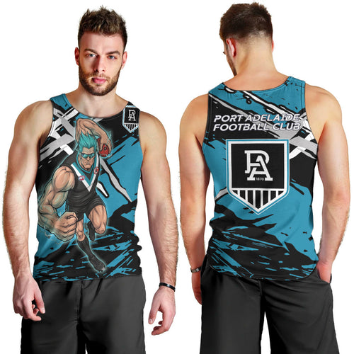 Port Adelaide Football Club Men Tank Top Power Muscular Mascot Graphic - Abstract Paint Splatter Art