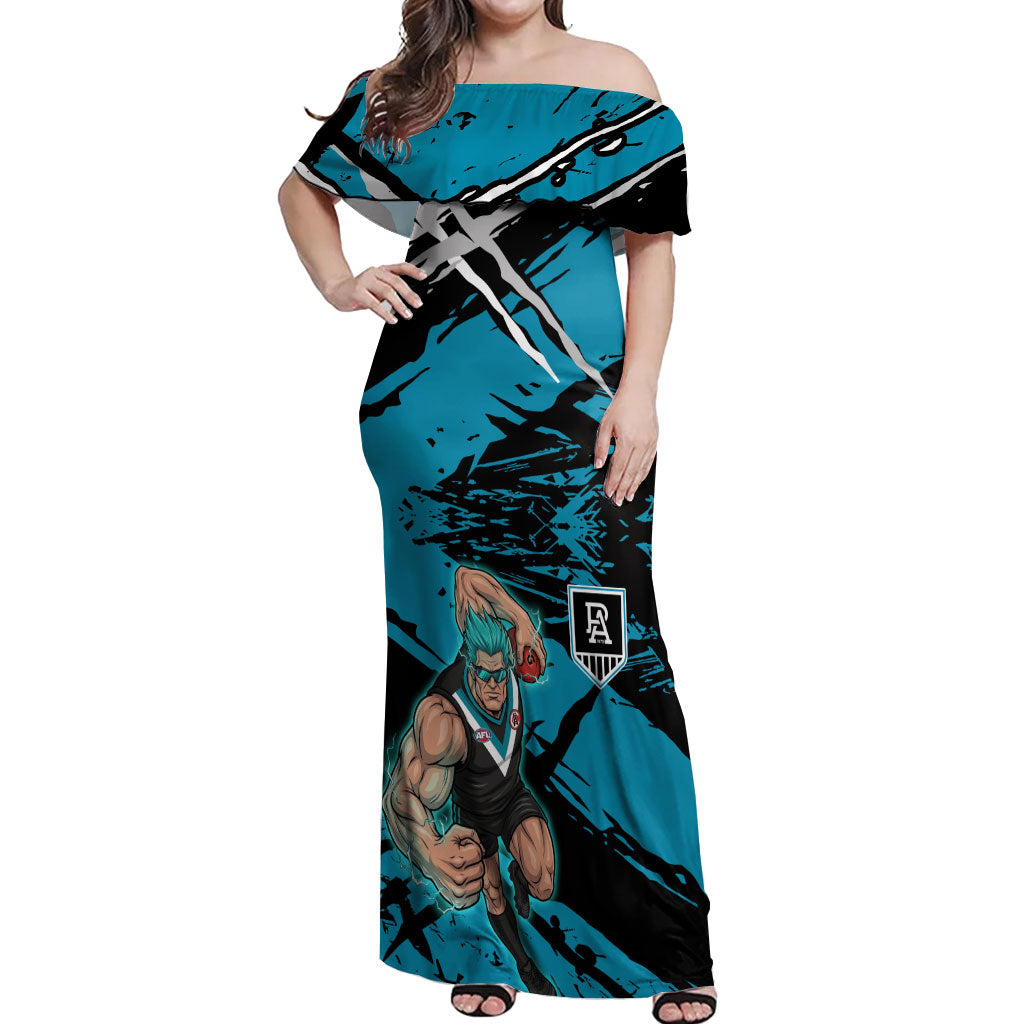 Port Adelaide Football Club Off Shoulder Maxi Dress Power Muscular Mascot Graphic - Abstract Paint Splatter Art