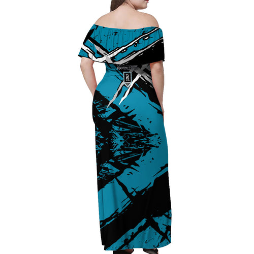 Port Adelaide Football Club Off Shoulder Maxi Dress Power Muscular Mascot Graphic - Abstract Paint Splatter Art