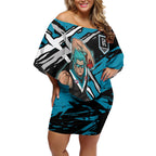 Port Adelaide Football Club Off Shoulder Short Dress Power Muscular Mascot Graphic - Abstract Paint Splatter Art