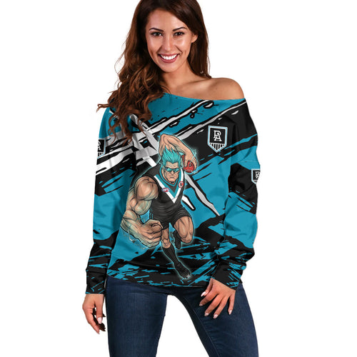 Port Adelaide Football Club Off Shoulder Sweater Power Muscular Mascot Graphic - Abstract Paint Splatter Art