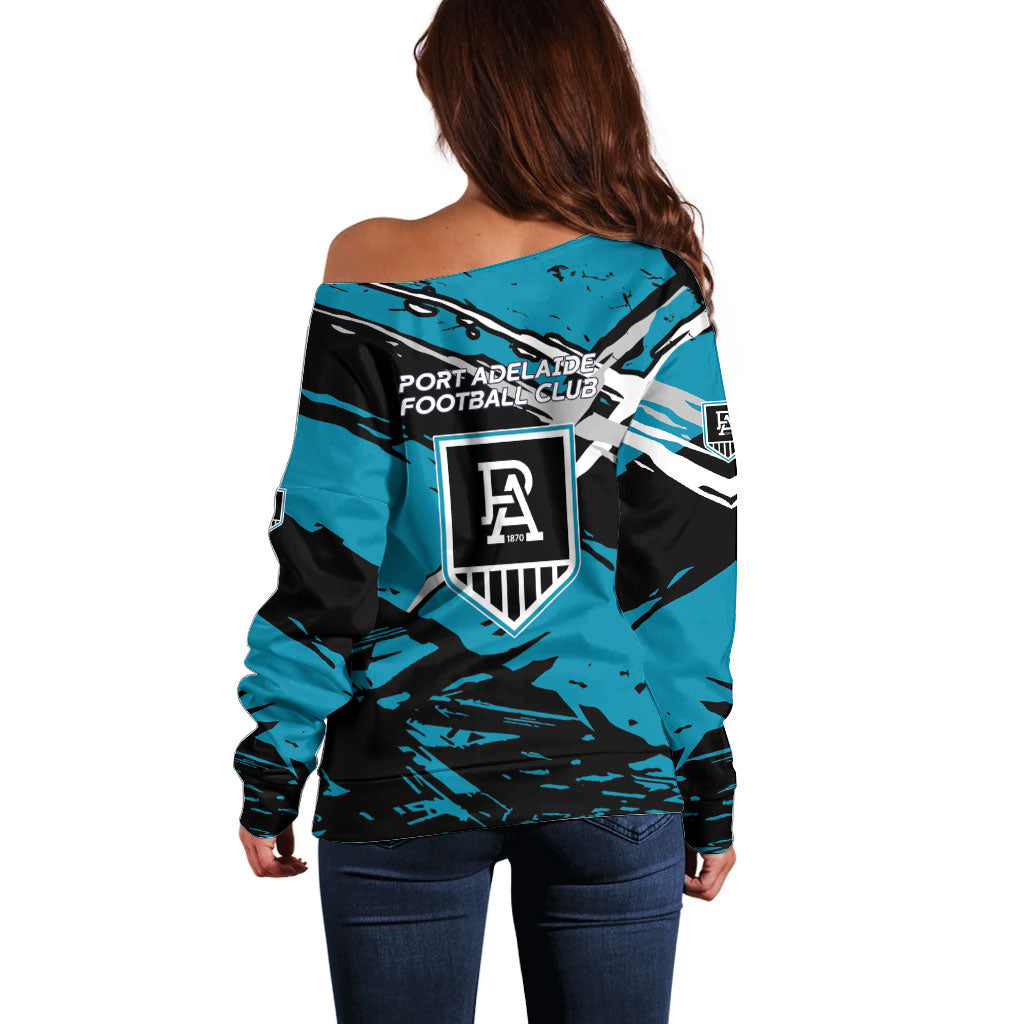 Port Adelaide Football Club Off Shoulder Sweater Power Muscular Mascot Graphic - Abstract Paint Splatter Art