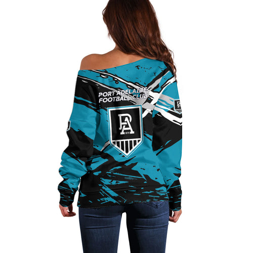 Port Adelaide Football Club Off Shoulder Sweater Power Muscular Mascot Graphic - Abstract Paint Splatter Art