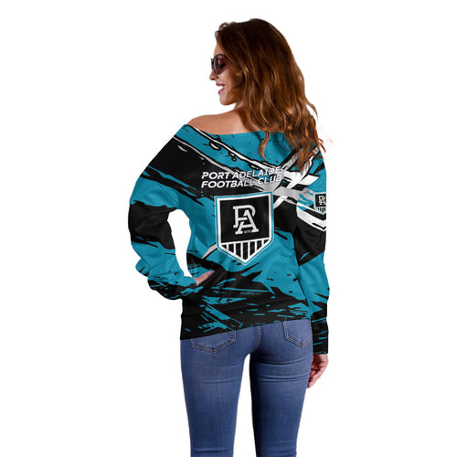 Port Adelaide Football Club Off Shoulder Sweater Power Muscular Mascot Graphic - Abstract Paint Splatter Art