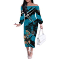 Port Adelaide Football Club Off The Shoulder Long Sleeve Dress Power Muscular Mascot Graphic - Abstract Paint Splatter Art
