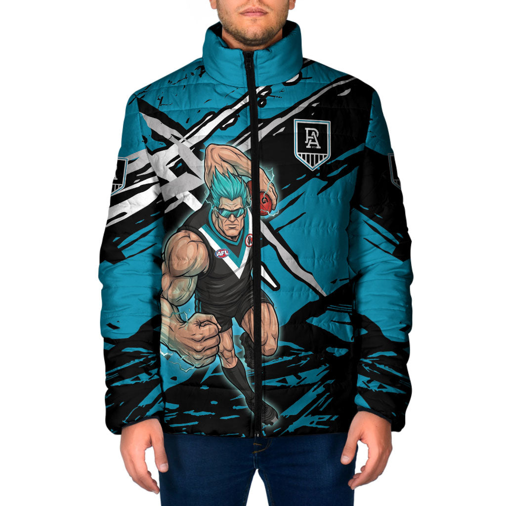 Port Adelaide Football Club Padded Jacket Power Muscular Mascot Graphic - Abstract Paint Splatter Art