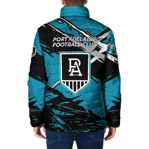 Port Adelaide Football Club Padded Jacket Power Muscular Mascot Graphic - Abstract Paint Splatter Art