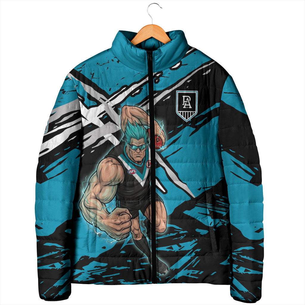 Port Adelaide Football Club Padded Jacket Power Muscular Mascot Graphic - Abstract Paint Splatter Art