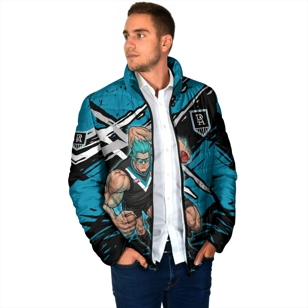 Port Adelaide Football Club Padded Jacket Power Muscular Mascot Graphic - Abstract Paint Splatter Art