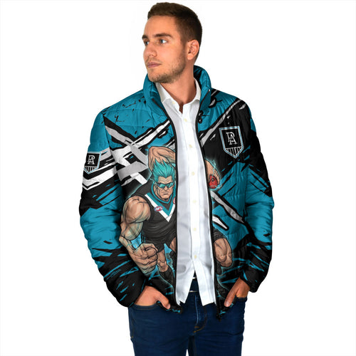 Port Adelaide Football Club Padded Jacket Power Muscular Mascot Graphic - Abstract Paint Splatter Art