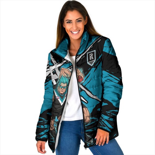 Port Adelaide Football Club Padded Jacket Power Muscular Mascot Graphic - Abstract Paint Splatter Art