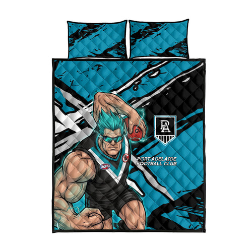 Port Adelaide Football Club Quilt Bed Set Power Muscular Mascot Graphic - Abstract Paint Splatter Art