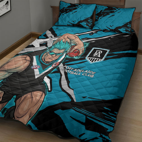 Port Adelaide Football Club Quilt Bed Set Power Muscular Mascot Graphic - Abstract Paint Splatter Art