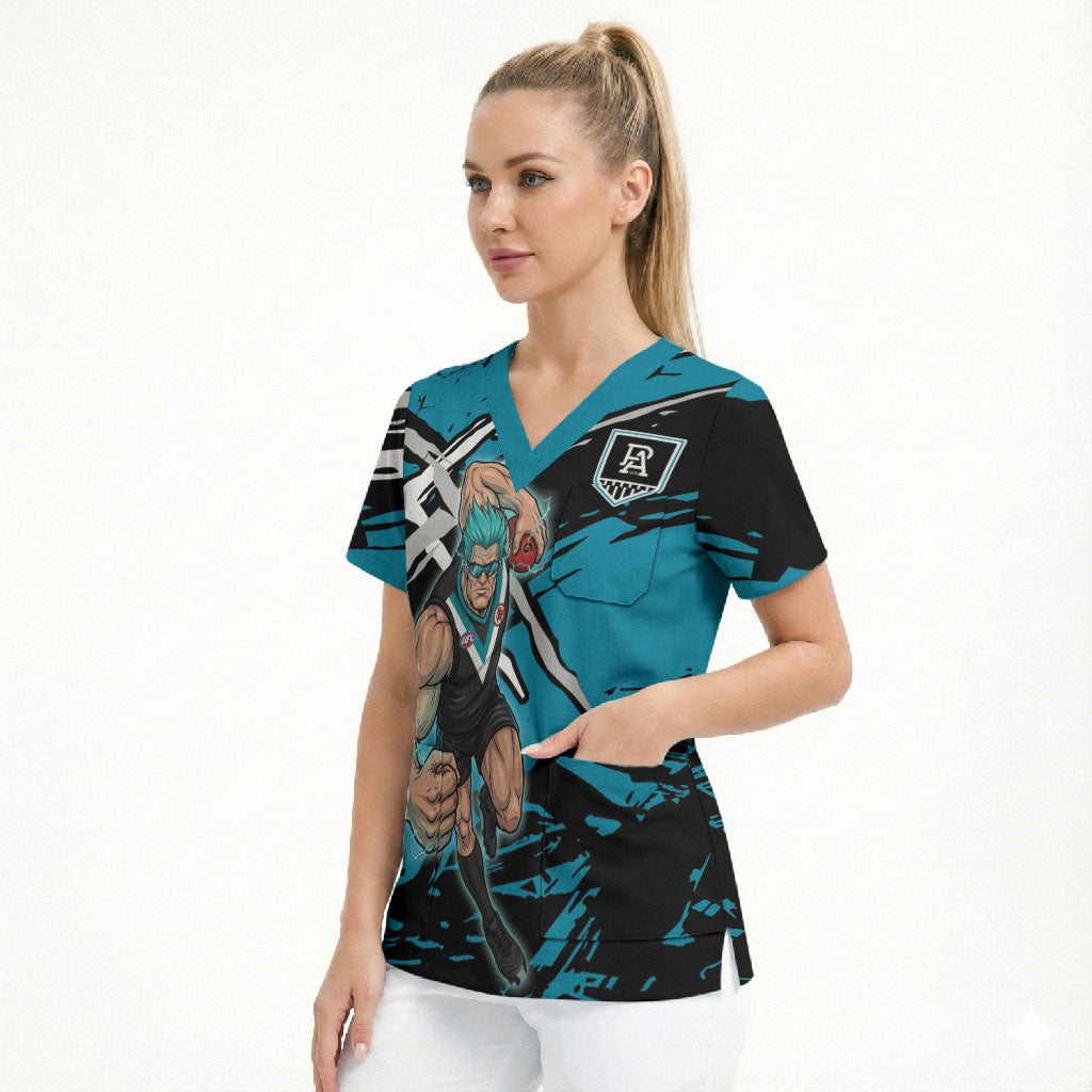 Port Adelaide Football Club Scrub Top Power Muscular Mascot Graphic - Abstract Paint Splatter Art