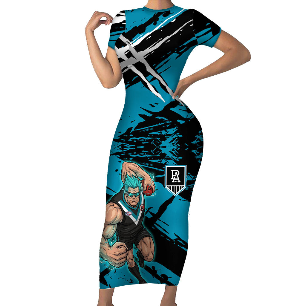 Port Adelaide Football Club Short Sleeve Bodycon Dress Power Muscular Mascot Graphic - Abstract Paint Splatter Art