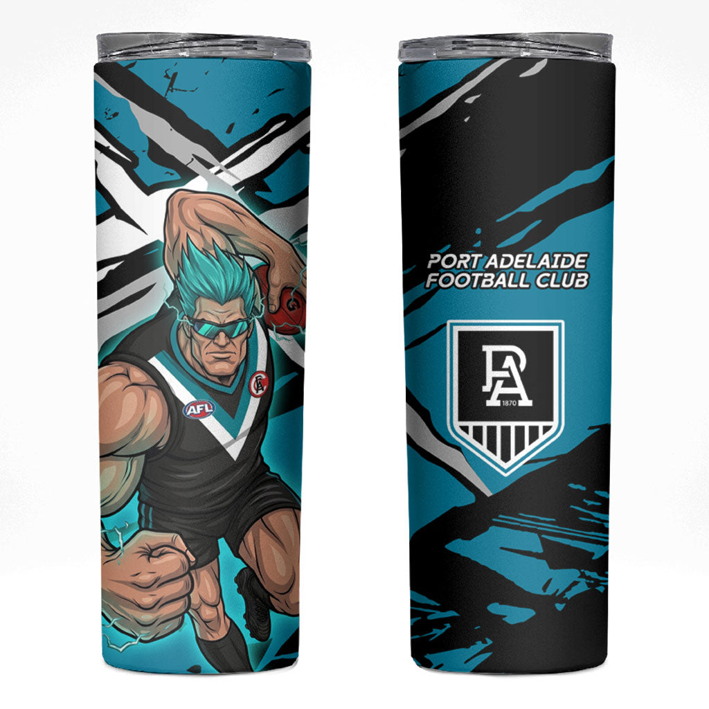Port Adelaide Football Club Skinny Tumbler Power Muscular Mascot Graphic - Abstract Paint Splatter Art