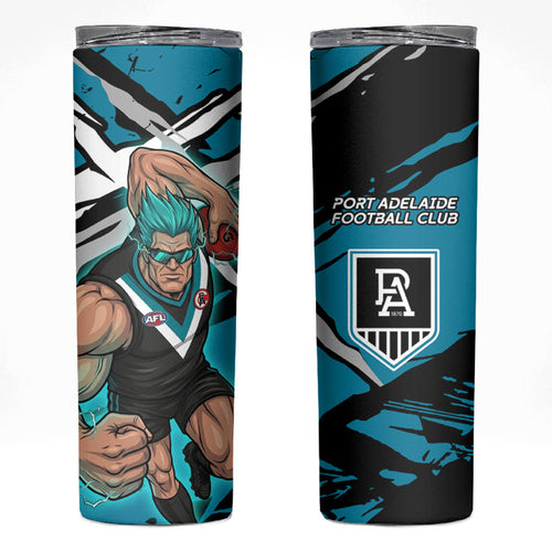 Port Adelaide Football Club Skinny Tumbler Power Muscular Mascot Graphic - Abstract Paint Splatter Art