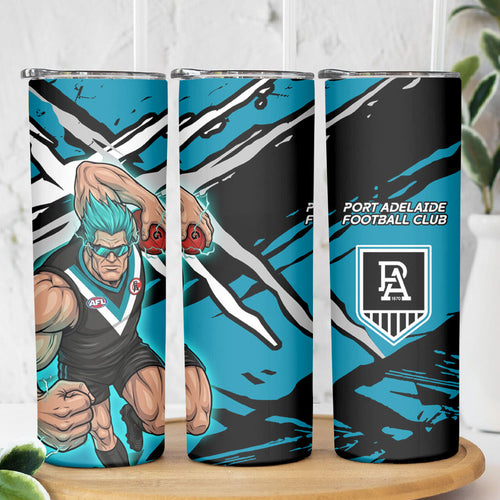 Port Adelaide Football Club Skinny Tumbler Power Muscular Mascot Graphic - Abstract Paint Splatter Art