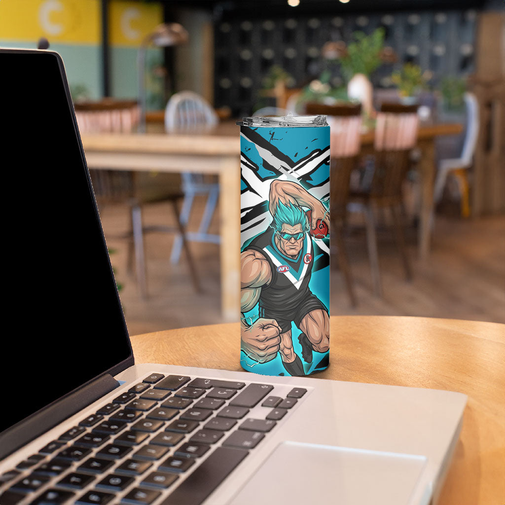 Port Adelaide Football Club Skinny Tumbler Power Muscular Mascot Graphic - Abstract Paint Splatter Art