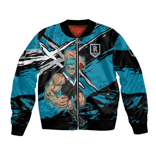 Port Adelaide Football Club Sleeve Zip Bomber Jacket Power Muscular Mascot Graphic - Abstract Paint Splatter Art