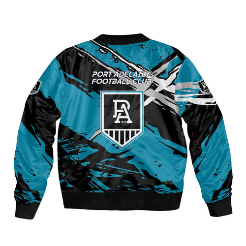 Port Adelaide Football Club Sleeve Zip Bomber Jacket Power Muscular Mascot Graphic - Abstract Paint Splatter Art