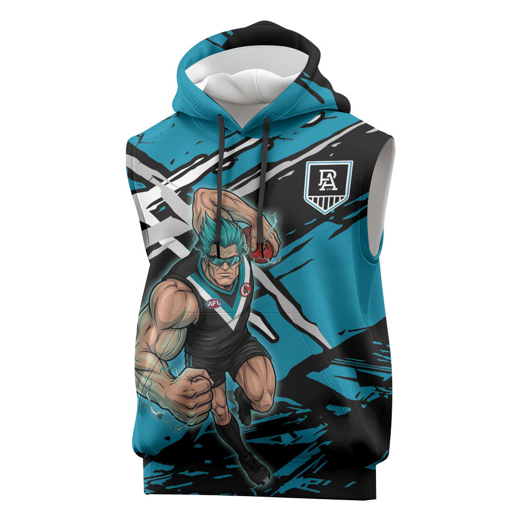 Port Adelaide Football Club Sleeveless Hoodie Power Muscular Mascot Graphic - Abstract Paint Splatter Art
