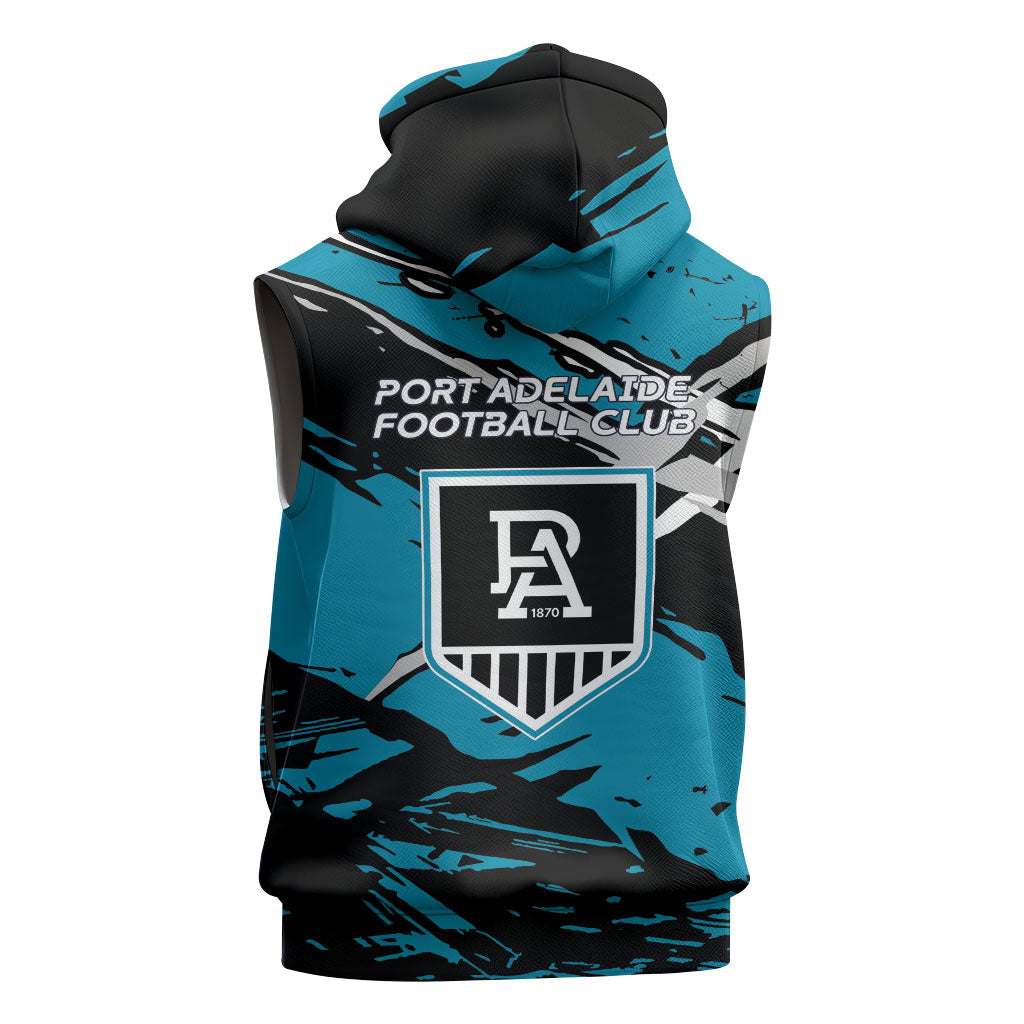 Port Adelaide Football Club Sleeveless Hoodie Power Muscular Mascot Graphic - Abstract Paint Splatter Art