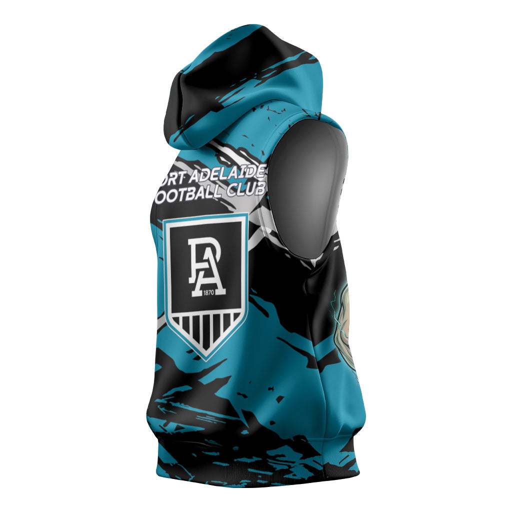 Port Adelaide Football Club Sleeveless Hoodie Power Muscular Mascot Graphic - Abstract Paint Splatter Art