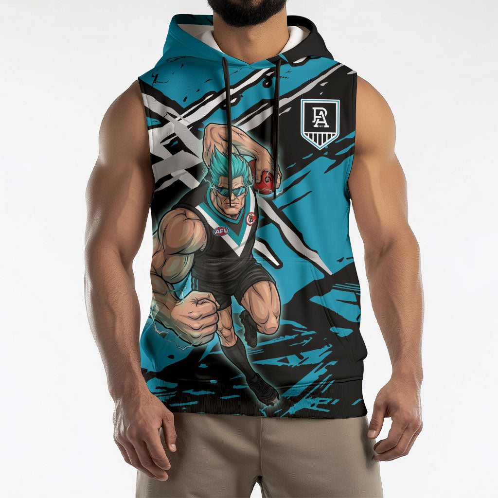 Port Adelaide Football Club Sleeveless Hoodie Power Muscular Mascot Graphic - Abstract Paint Splatter Art