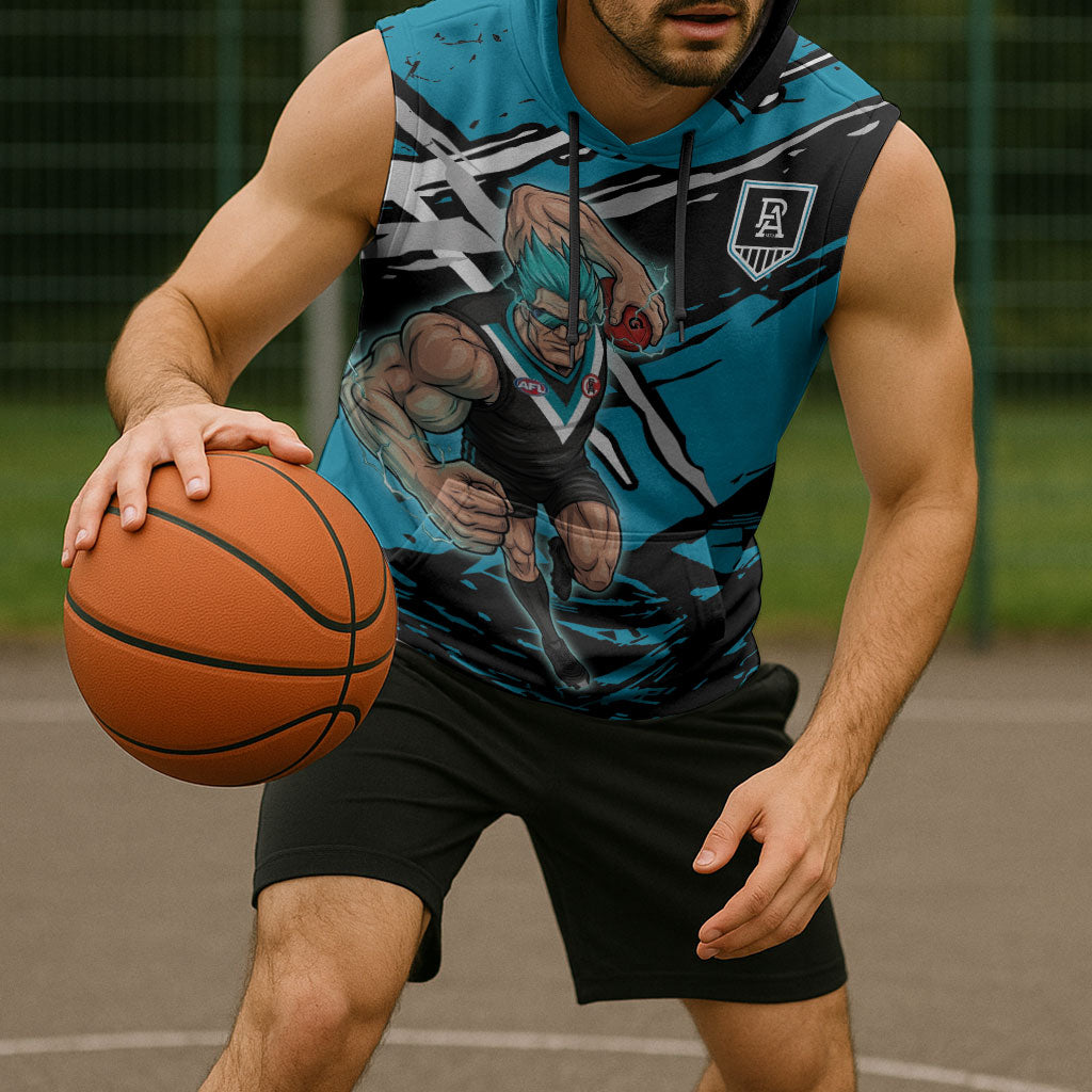 Port Adelaide Football Club Sleeveless Hoodie Power Muscular Mascot Graphic - Abstract Paint Splatter Art
