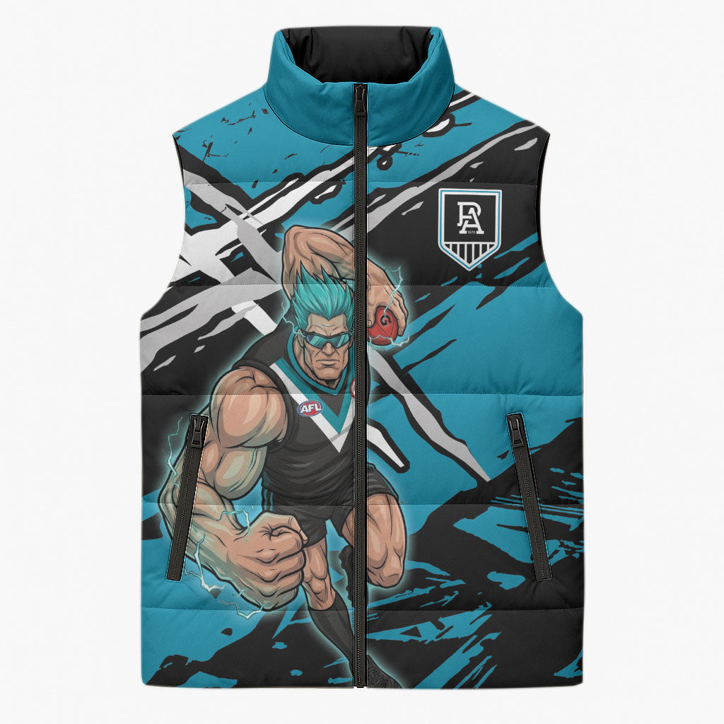 Port Adelaide Football Club Sleeveless Puffer Jacket Power Muscular Mascot Graphic - Abstract Paint Splatter Art