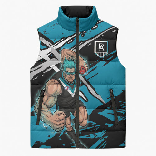 Port Adelaide Football Club Sleeveless Puffer Jacket Power Muscular Mascot Graphic - Abstract Paint Splatter Art