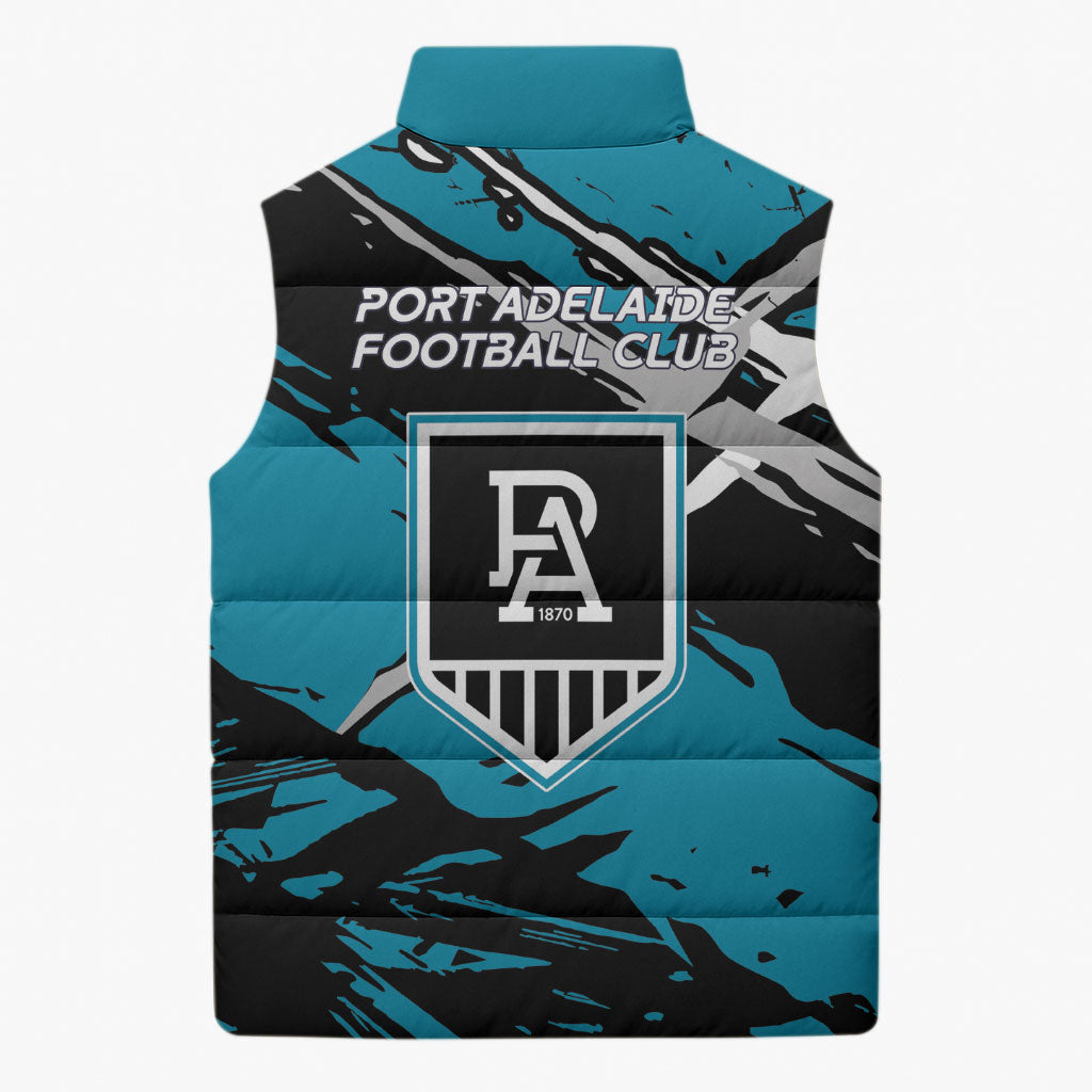 Port Adelaide Football Club Sleeveless Puffer Jacket Power Muscular Mascot Graphic - Abstract Paint Splatter Art