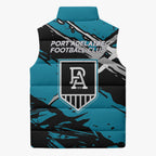 Port Adelaide Football Club Sleeveless Puffer Jacket Power Muscular Mascot Graphic - Abstract Paint Splatter Art
