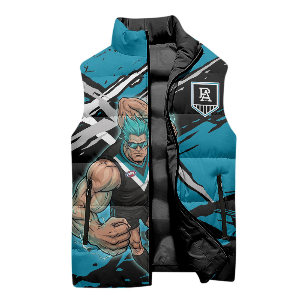 Port Adelaide Football Club Sleeveless Puffer Jacket Power Muscular Mascot Graphic - Abstract Paint Splatter Art