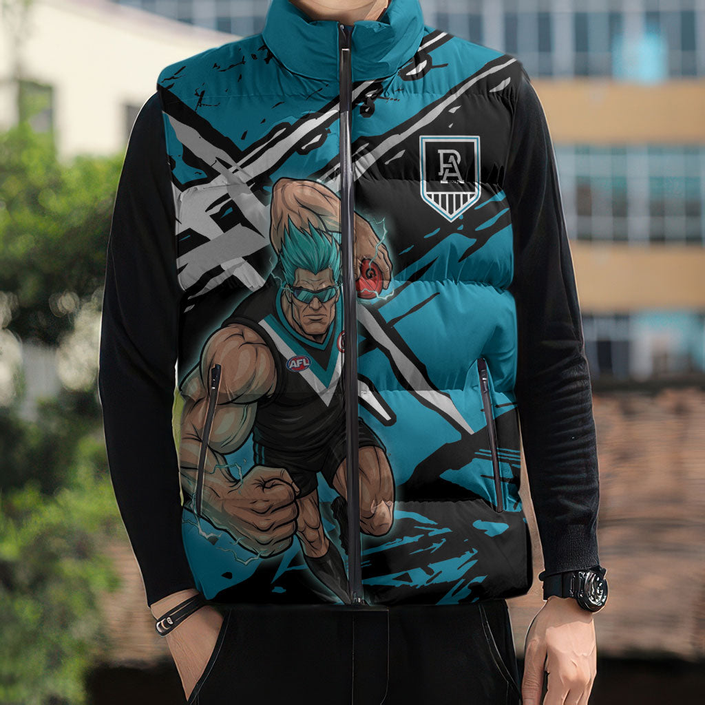 Port Adelaide Football Club Sleeveless Puffer Jacket Power Muscular Mascot Graphic - Abstract Paint Splatter Art